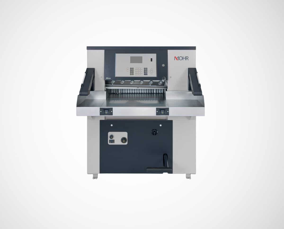 The hydraulic-driven cutter is a robust and programmable machine with a 5.5-inch monochrome display, designed for precise and gentle swing cutting. The machine allows for adapting the knife's time spent in the lower dead end to suit different materials, ensuring the optimal cutting quality. The cutter's ultra-smooth stainless-steel table surface is equipped with air jets, which makes material handling easy. The clamping pressure can be infinitely adjusted to suit any cutting material within a wide setting range using a turning knob with a scale. The cutting line is marked clearly and brightly by LEDs for the operator's convenience. The machine's operation is facilitated by an ergonomically positioned control panel with a 5.5-inch monochrome display and an additional membrane keypad. It has a memory capacity of up to 198 programs, allowing for storing and adapting recurring cutting sequences at any time. The creation of cutting programs can be done manually or through block programming, which is intuitive and menu-driven. The pre-clamping time can be adjusted to optimize the cutting quality according to the material. The cutter's features include a compact and sturdy iron frame based on computer-aided design, two-channel safety hydraulics, a false plate for the pressure clamp, and a modern frame construction from specially designed precision profiles. The machine's cutting quality is further enhanced by the direct and precise measuring system. The table blower with a separate outlet provides permanent air, ensuring the efficient operation of the cutter. The machine's operator guidance for knife change is integrated, and the knife change process is automatic, with fine adjustment from the front side of the machine.